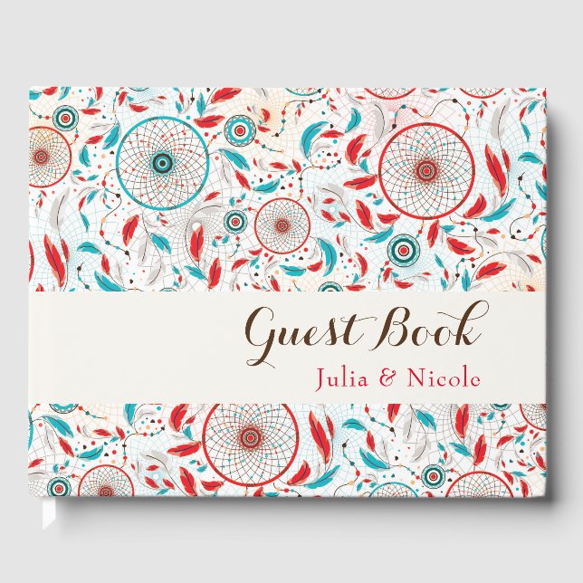 Boho Tribal fjäther Dreamcatcher Bröllop Gästböcker (Framsida)