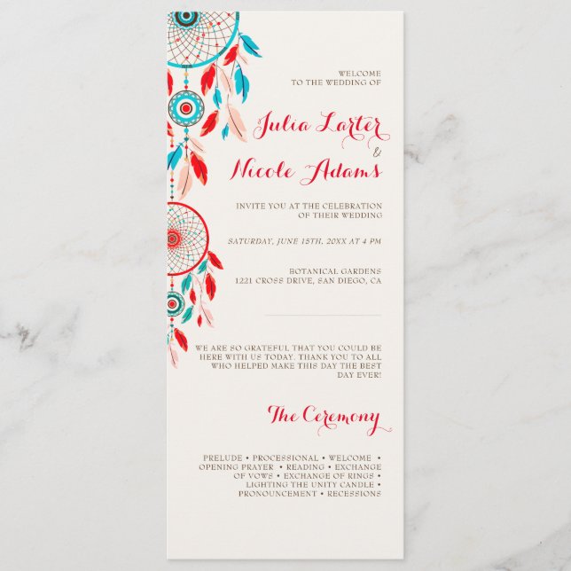 Boho Tribal fjäther Dreamcatcher Bröllop Program (Framsida)