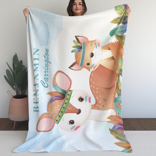 Boho Tribal Fox och Fawn with Kid's Blanket Fleecefilt (Boho Tribal Fox and Fawn with Kid’s Blanket (L))