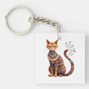 Boho Tribal Katt Illustration Söt Folklig Konst De