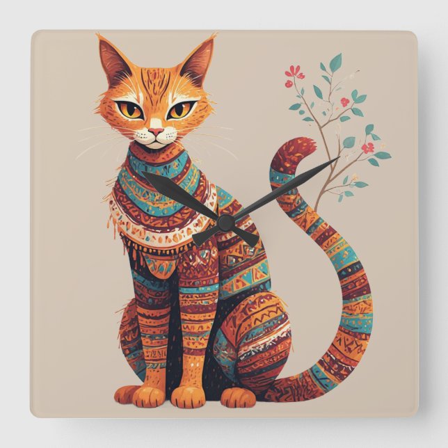 Boho Tribal Katt Illustration Söt Folklig Konst De Fyrkantig Klocka (Framsida)
