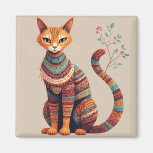 Boho Tribal Katt Illustration Söt Folklig Konst De Magnet
