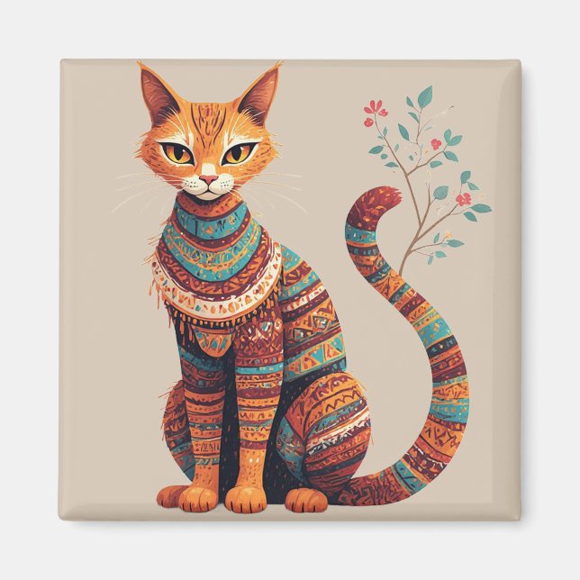 Boho Tribal Katt Illustration Söt Folklig Konst De Magnet (Framsidan)