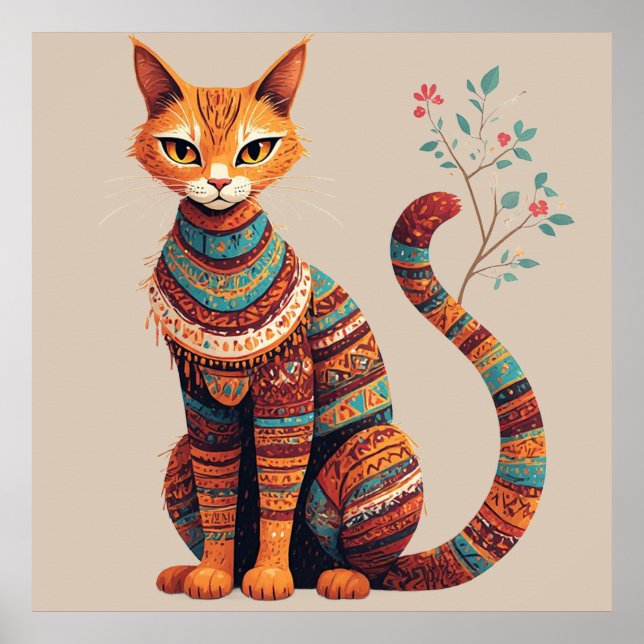 Boho Tribal Katt Illustration Söt Folklig Konst De Poster (Framsidan)