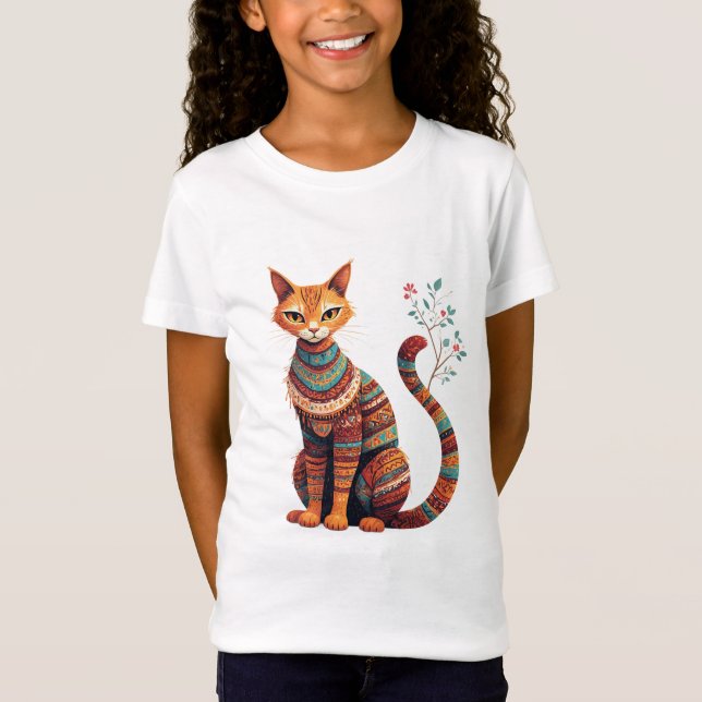 Boho Tribal Katt Illustration Söt Folklig Konst De T Shirt (Framsida)