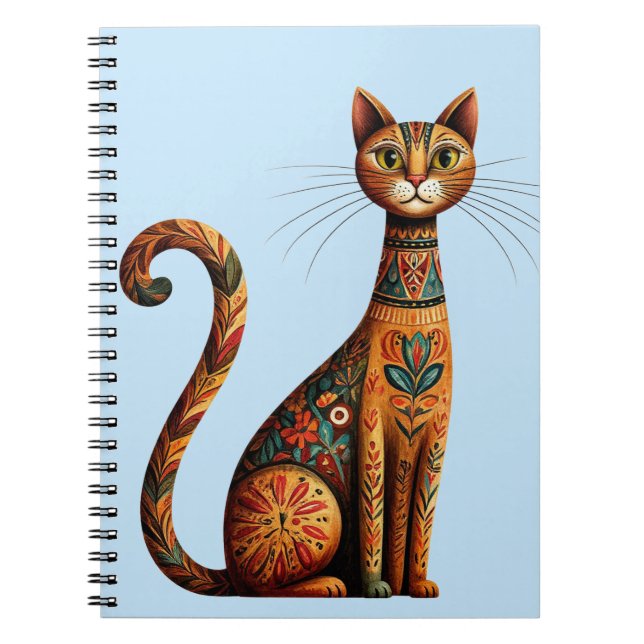 Boho Tribal Katt Söt Folkkonst med Blommor Anteckningsbok (Framsidan)
