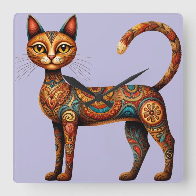 Boho Tribal Katt Söt Folkkonst med Blommor Fyrkantig Klocka (Framsida)