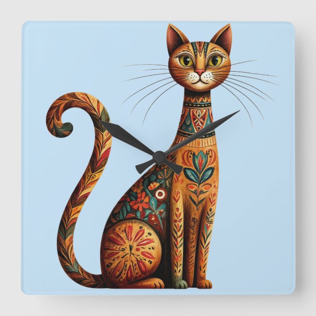 Boho Tribal Katt Söt Folkkonst med Blommor Fyrkantig Klocka (Framsida)