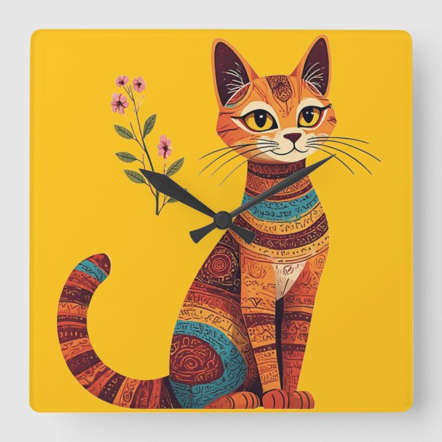 Boho Tribal Katt Söt Folkkonst med Blommor Fyrkantig Klocka (Framsida)