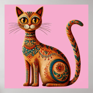 Boho Tribal Katt Söt Folkkonst med Blommor Poster