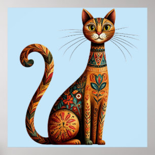 Boho Tribal Katt Söt Folkkonst med Blommor Poster