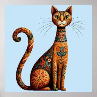 Boho Tribal Katt Söt Folkkonst med Blommor Poster