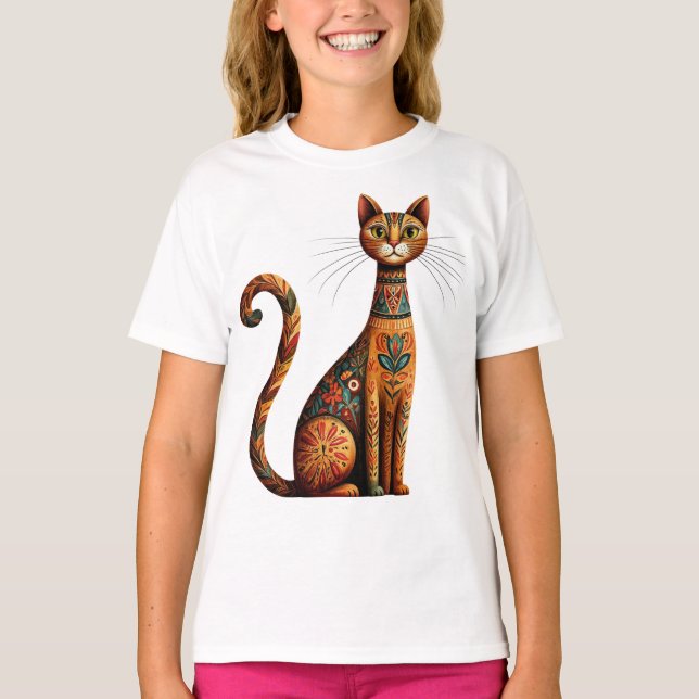 Boho Tribal Katt Söt Folkkonst med Blommor T Shirt (Framsida)