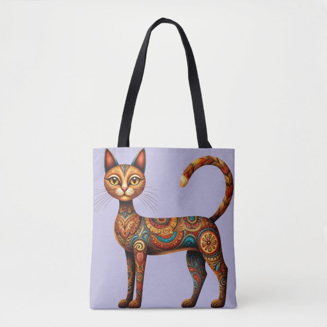 Boho Tribal Katt Söt Folkkonst med Blommor Tygkasse (Framsida)