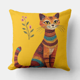 Boho Tribal Katt Söt Folkkunst med Blommor Kudde