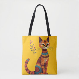 Boho Tribal Katt Söt Folkkunst med Blommor Tygkasse