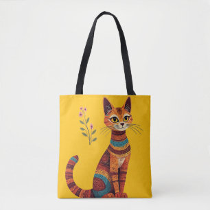 Boho Tribal Katt Söt Folkkunst med Blommor Tygkasse
