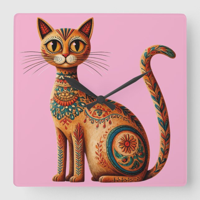 Boho Tribal Katt Söt Folklig Konst med Blommor Fyrkantig Klocka (Framsida)