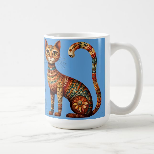 Boho Tribal Katt Söt Folklig Konst med Blommor Kaffemugg (Höger)