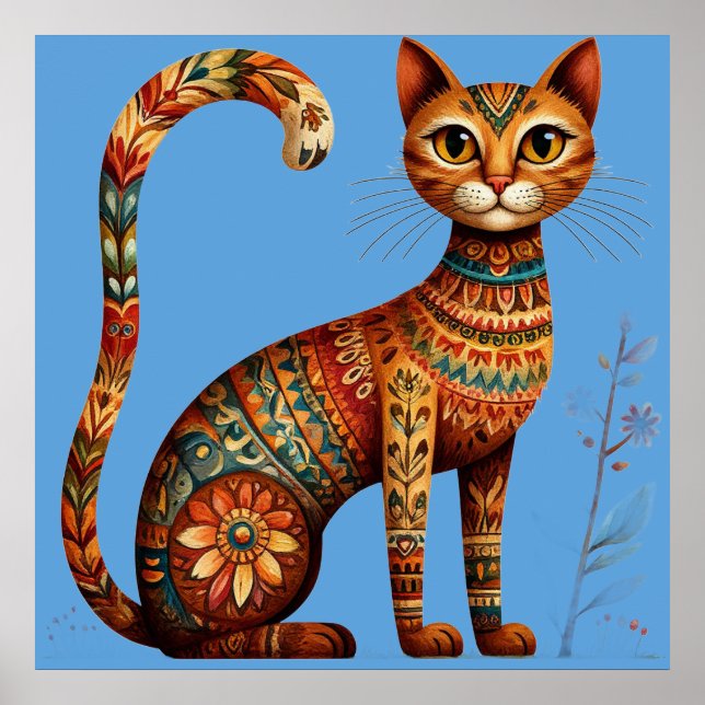 Boho Tribal Katt Söt Folklig Konst med Blommor Poster (Framsidan)