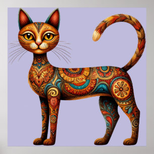 Boho Tribal Katt Söt Folklig Konst med Blommor Poster