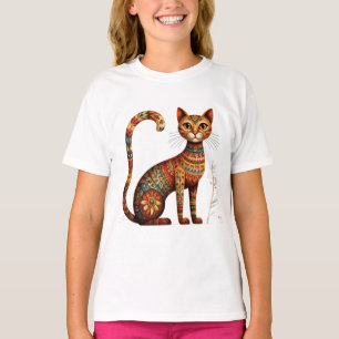 Boho Tribal Katt Söt Folklig Konst med Blommor T Shirt