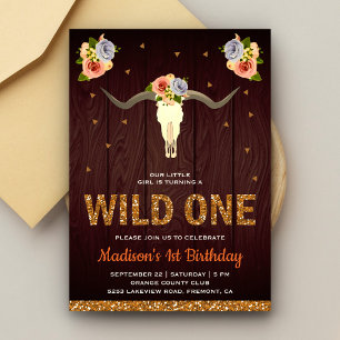 Boho Tribal Ko Skalle Flickor Wild One 1-årsdag Inbjudningar