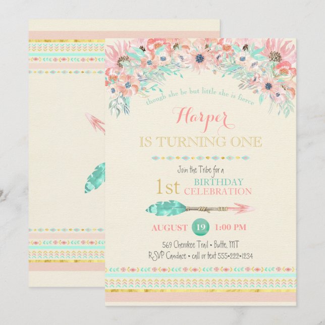 Boho Tribal Peach Mint Arrow Blommigt Watercolor Inbjudningar (Fram/baksida)