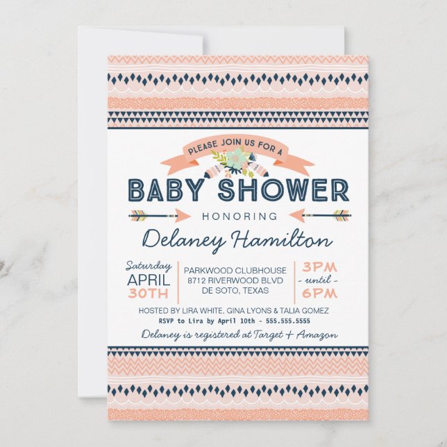 Boho Tribal Peach och Navy Ethnic Baby Shower Inbjudningar (Framsida)