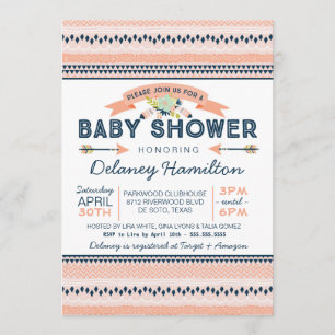 Boho Tribal Peach och Navy Ethnic Baby Shower Inbjudningar