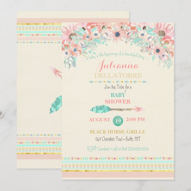 Boho Tribal Persika Mint Pil Form Blommor Vattenfä Inbjudningar (Fram/baksida)