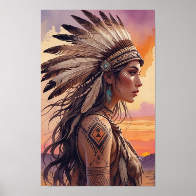 Boho Tribal Queen med Feather Headdress Poster (Framsidan)