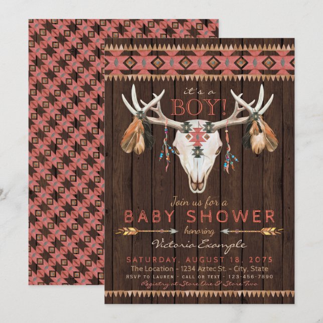 Boho Tribal Skalle Baby Shower Inbjudningar (Fram/baksida)