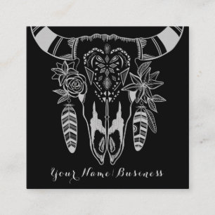 Boho Tribal Skull Black and White Bohemian Fyrkantigt Visitkort