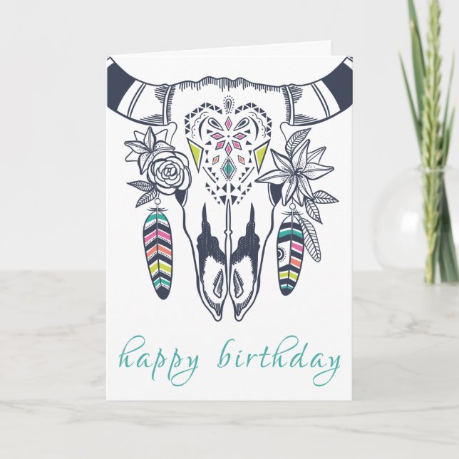Boho Tribal Skull Bohemian med turkos Birthday Kort (Framsida)