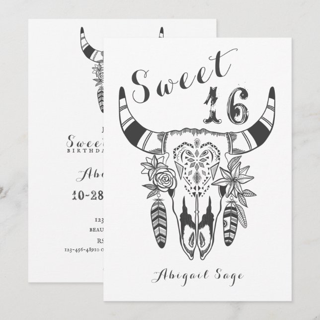 Boho Tribal Skull Bohemian Sweet sixteen Birthday Inbjudningar (Fram/baksida)