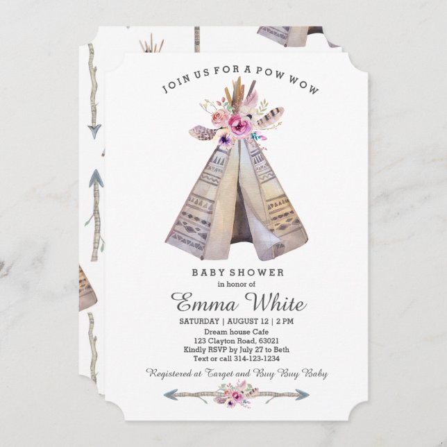 Boho Tribal Teepee Blommigt Baby Shower Inbjudningar (Fram/baksida)