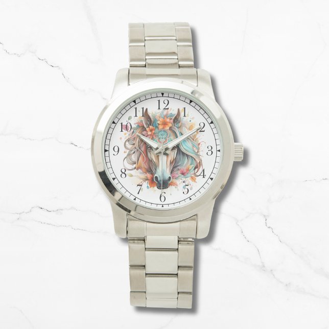 Boho Tribal Watercolor Horse Snyggt Chic Womans Armbandsur (Skapare uppladdad)
