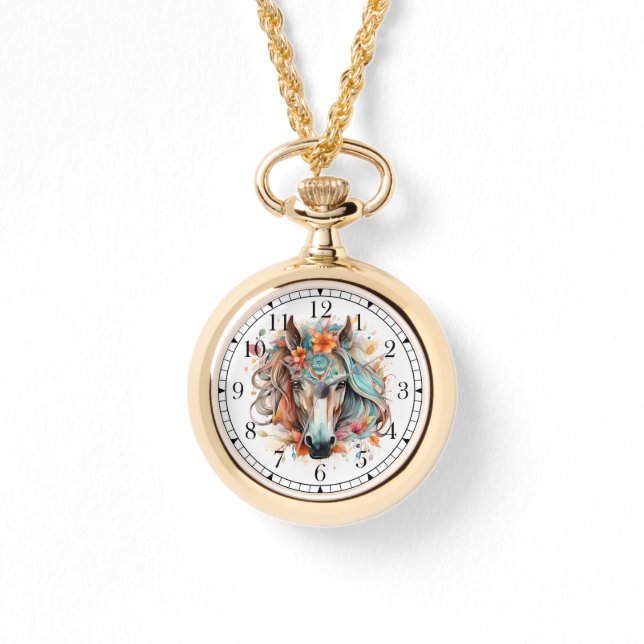 Boho Tribal Watercolor Horse Snyggt Chic Womans Armbandsur (Framsida)