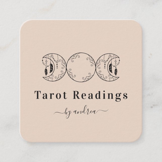 Boho Triple Måne & Feathers Beige Energy Healer Fyrkantigt Visitkort (Framsida)