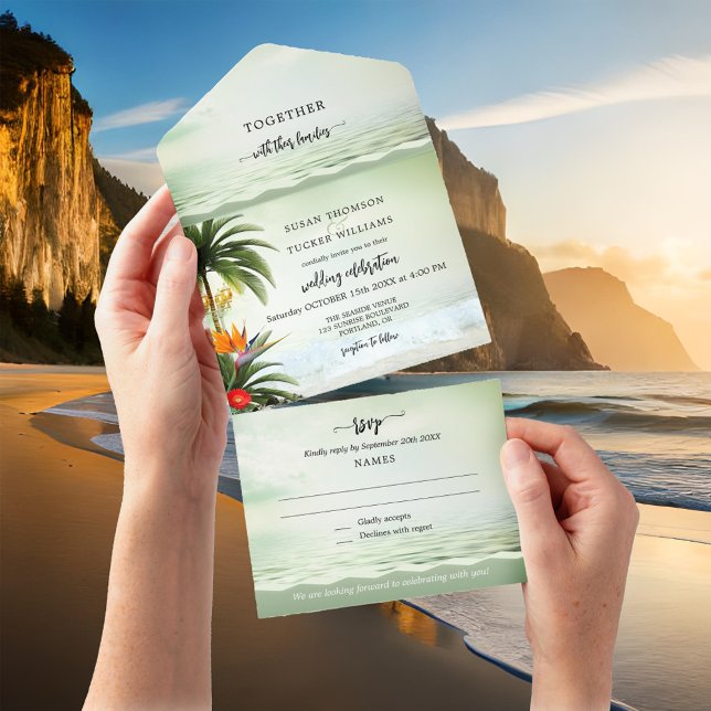 Boho Tropical Beach All in One Wedding bjudande (All in one beach wedding invitation featuring a tropical design with palm trees and festive lanterns)