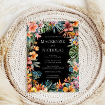 Boho Tropical Blommigt Black Wedding-inbjudan