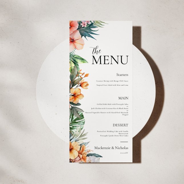 Boho Tropical Blommigt Bröllop Menu Meny (tropical wedding food menu)