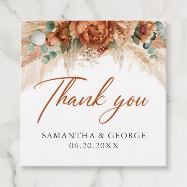 Boho tropical blommigt kopparpampas-gräs bröllop gåvor etiketter (Framsida)