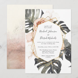 Boho Tropical Blommigt med Geometric Ram Bröllop Inbjudningar