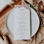 Boho Tropical Botanical | Bröllop Middag-meny Meny<br><div class="desc">Denna boho tropiska botaniska | bröllop-middagsmenyn är perfekt för elegantens blommigt, grönt, persika, ro guld bröllop. Utformningen har en guld ram eller bukett med modernt pampasgräs från rosa, enkel sage, elfenben, champagne handflatan löv och klassisk strandgrej. Blommorna kan omfatta rosa ros och orkidéer. Utformningen är idealisk för en klasslig vintage...</div>
