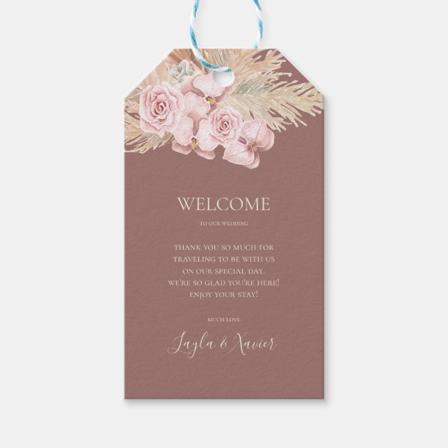 Boho Tropical Botanical Dusty Ro Bröllop Välkommen Presentetikett (Framsidan)