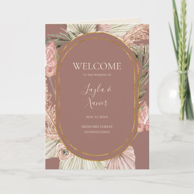 Boho Tropical Botanical Dusty Ro Folded Bröllop Program (Framsida)