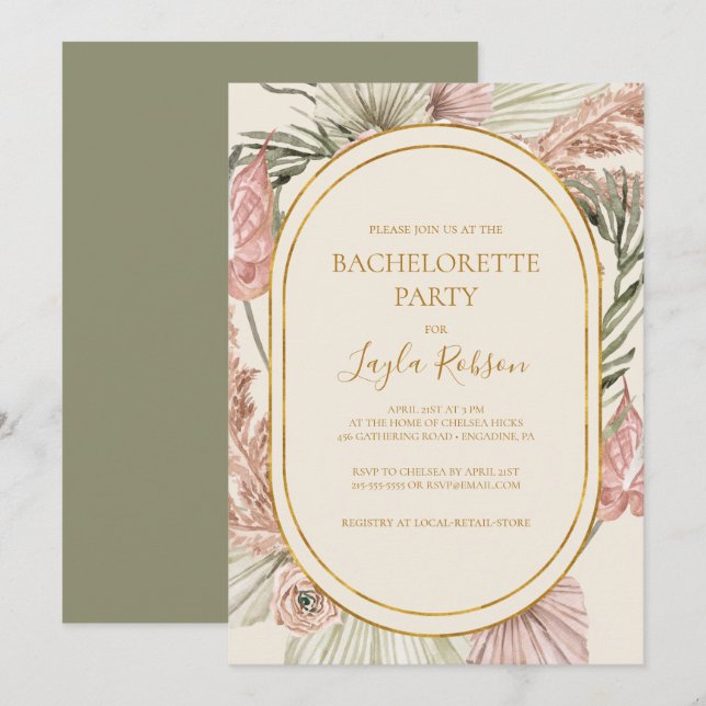 Boho Tropical Botanical | Grönt Bachelorette Party Inbjudningar (Fram/baksida)