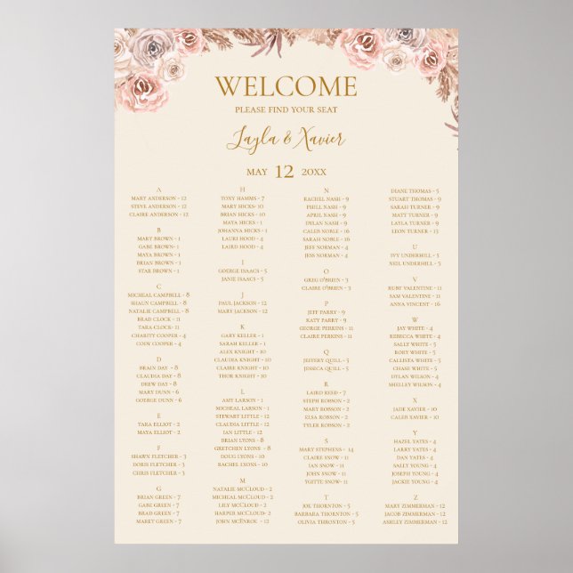 Boho Tropical Botanical Ivory Alfabetical Seating Poster (Framsidan)